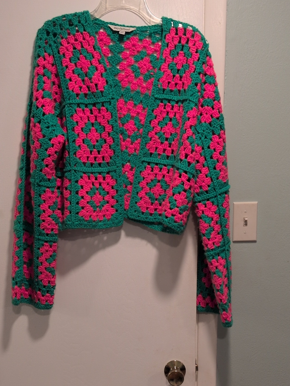 DAVI & DANI Bright Green and Hot Pink Crochet Cardigan